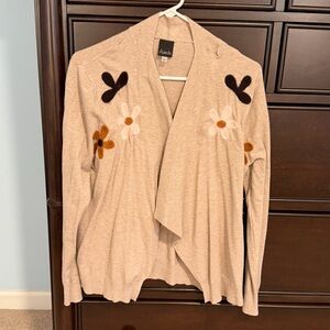 Aaeda tan open front cardigan sweater with felted floral accents size large